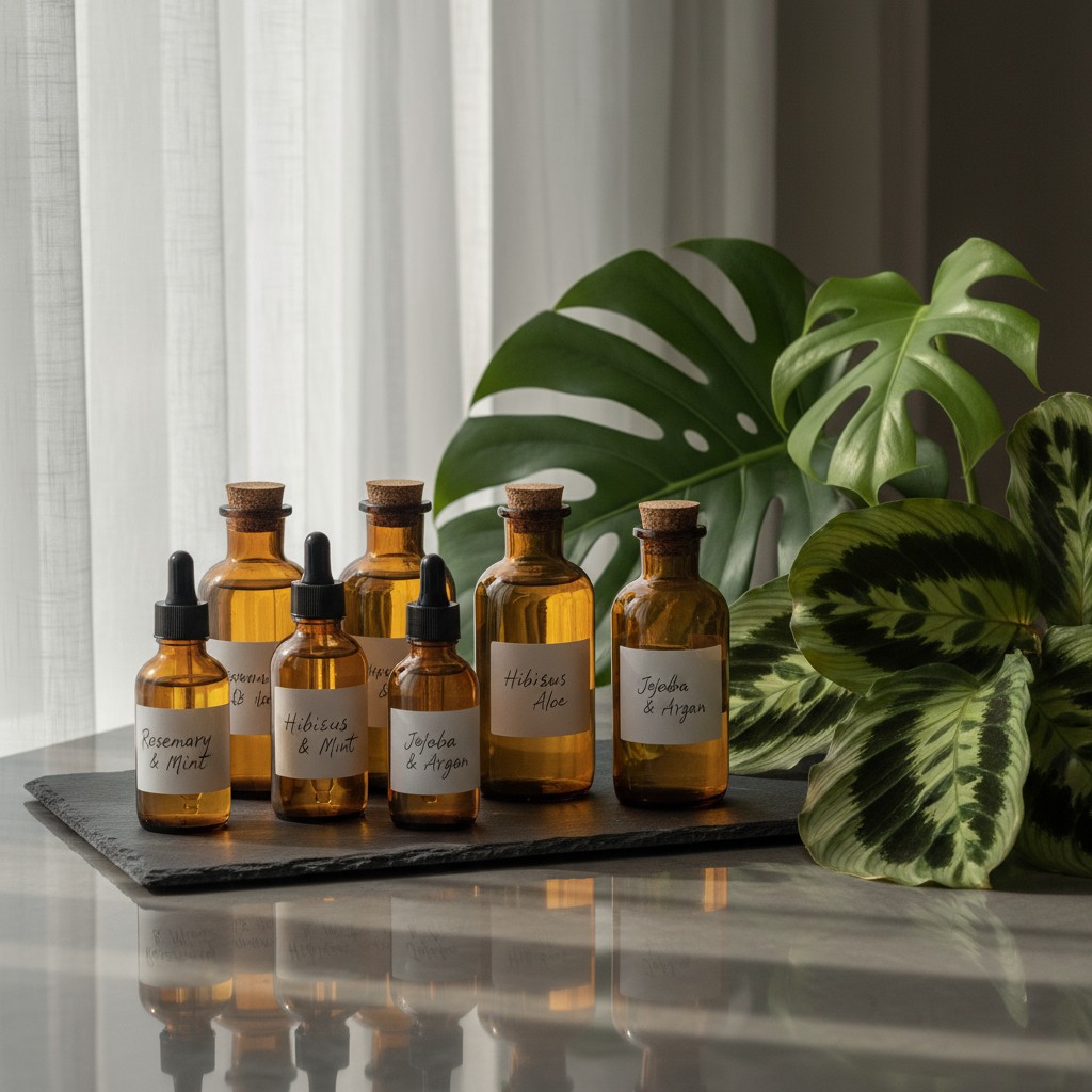 This photograph features a collection of six amber glass bottles with corks and dropper caps, each containing a clear liquid.