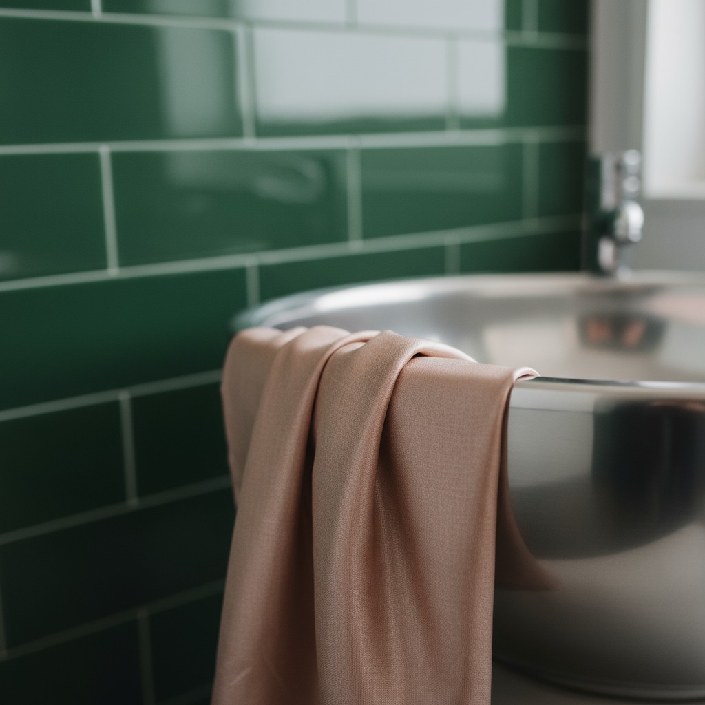 The beige fabric hangs over an almost empty metal tub in a room with burnt green tiles on one wall.