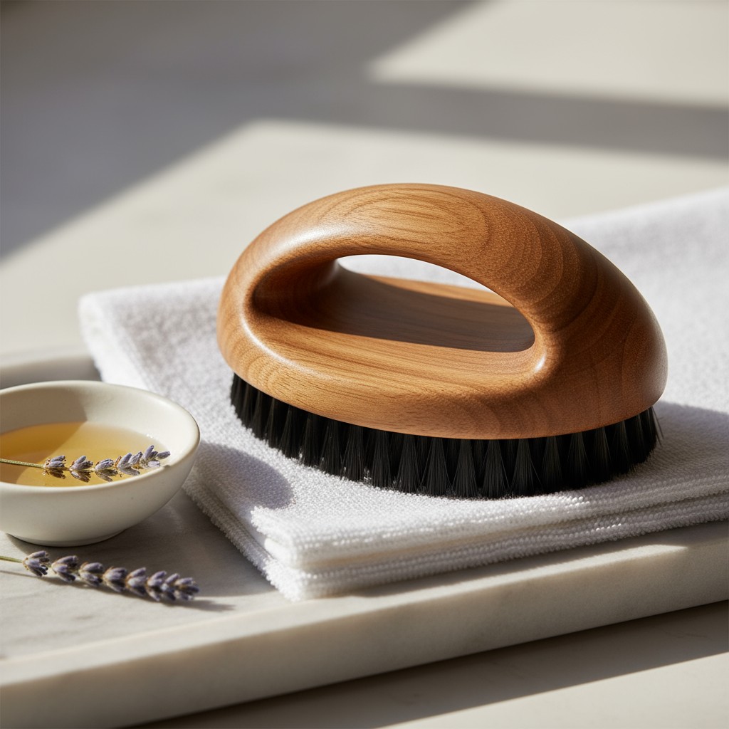 The natural detail for this image's alt text, describing a hand brush and bow, is: "A closeup of a single jingpo brush lea...