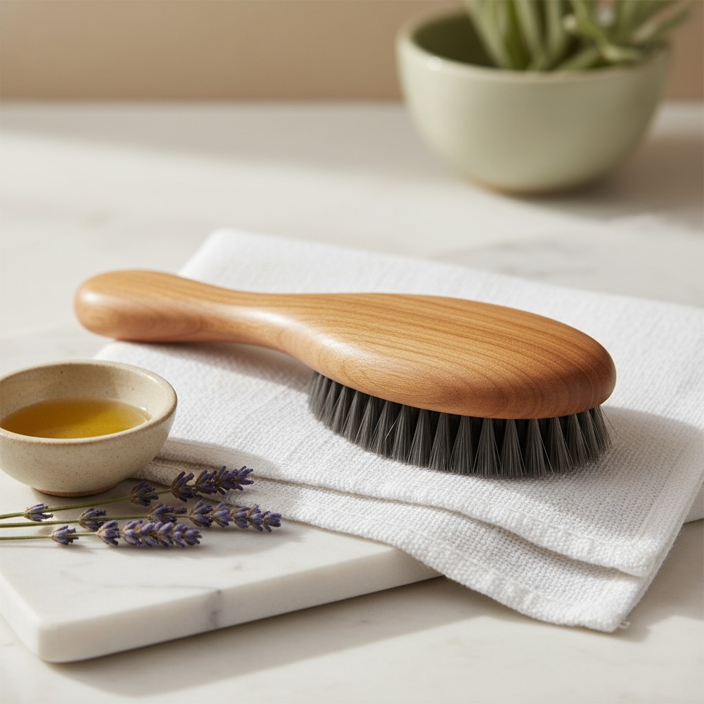 The alt text for the image is: "Wooden brush with gray bristles, small bowl of oil and lavender sprigs on a marble surface."